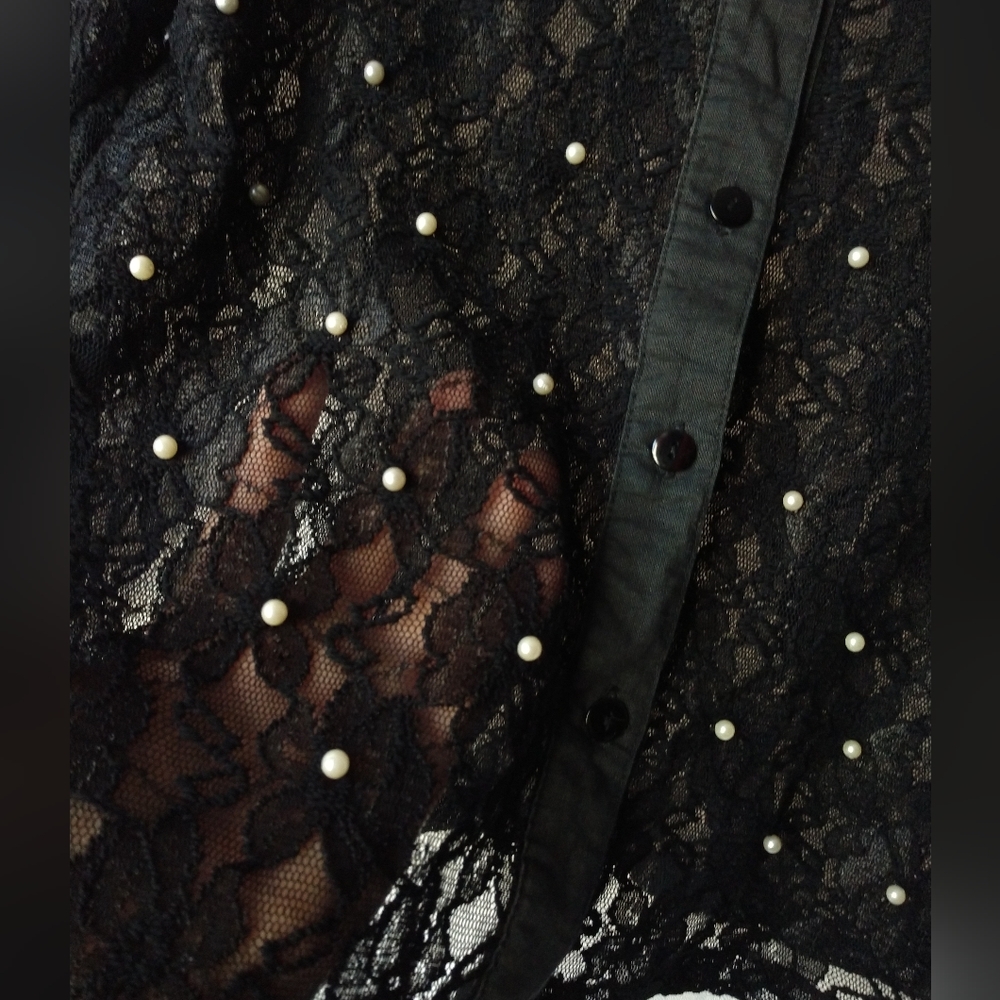 Unique Black Lace Blouse Shirt Sheer See Through Juniors Large Chest 34" - Picture 2 of 5